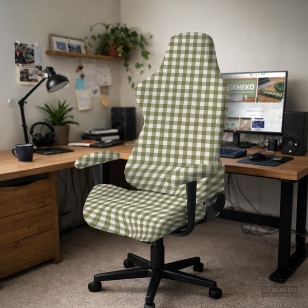 Olive green and white check desk chair cover shown on a chair, with stretch fabric, armrest cover options, and multiple fit choices listed.
