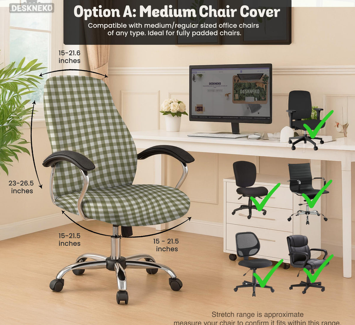 Olive green and white check desk chair cover shown on a chair, with stretch fabric, armrest cover options, and multiple fit choices listed.