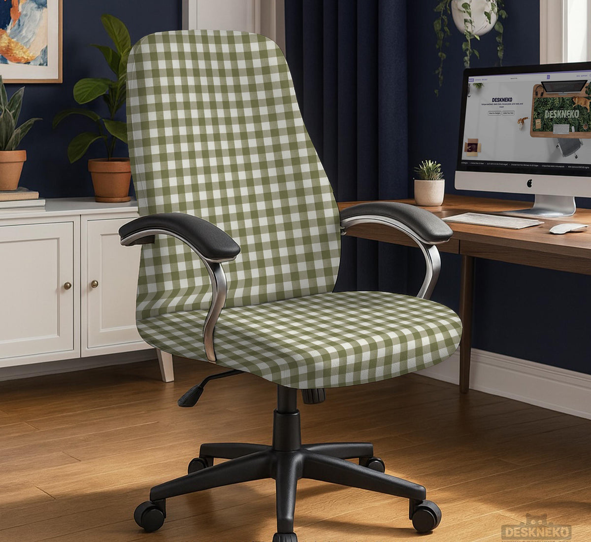 Olive green and white check desk chair cover shown on a chair, with stretch fabric, armrest cover options, and multiple fit choices listed.