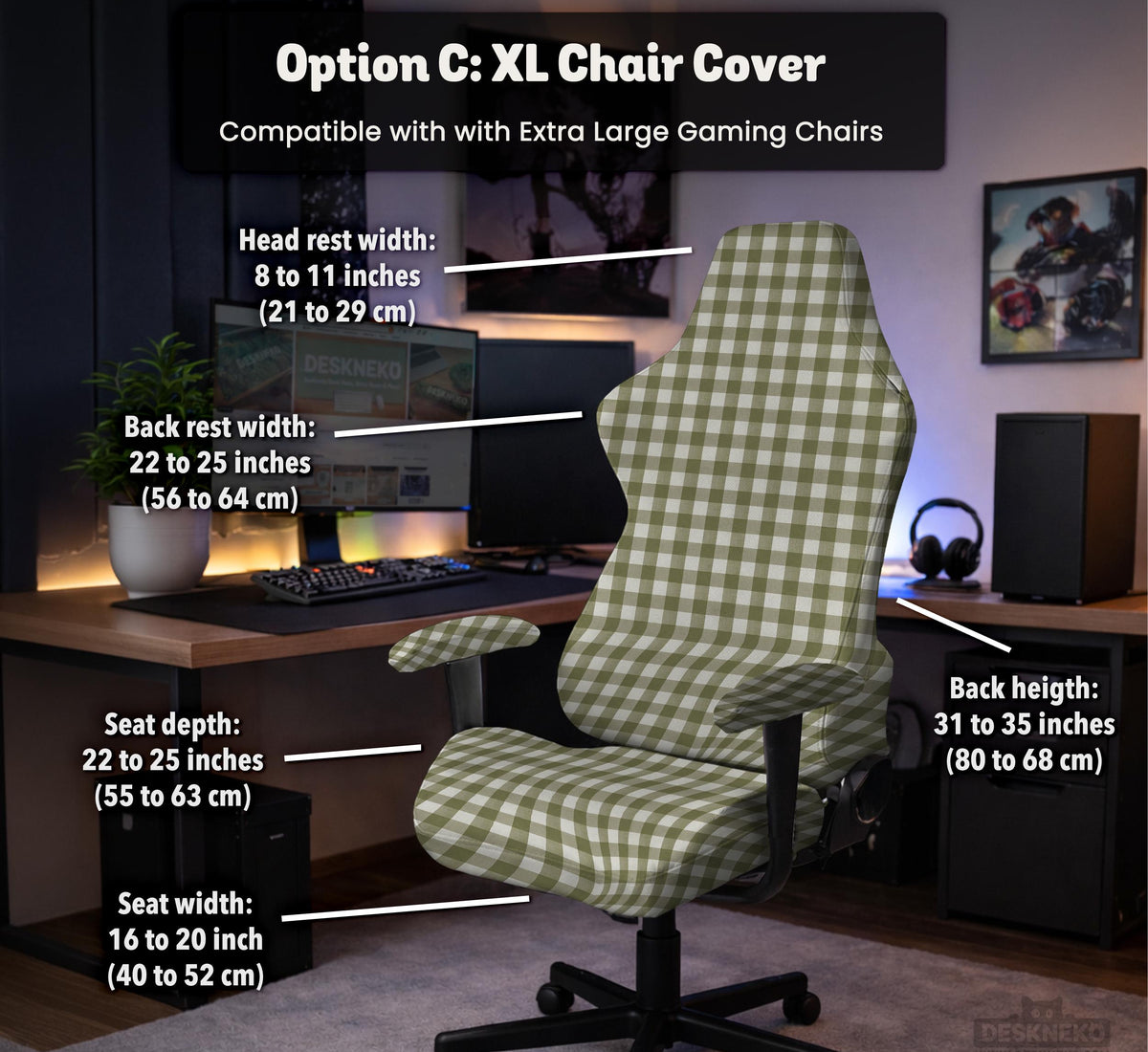 Olive green and white check desk chair cover shown on a chair, with stretch fabric, armrest cover options, and multiple fit choices listed.