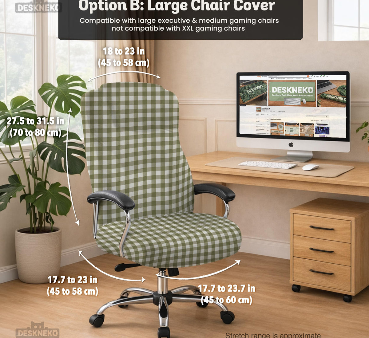 Olive green and white check desk chair cover shown on a chair, with stretch fabric, armrest cover options, and multiple fit choices listed.