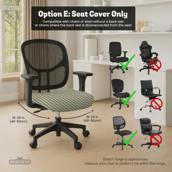 Olive green and white check desk chair cover shown on a chair, with stretch fabric, armrest cover options, and multiple fit choices listed.
