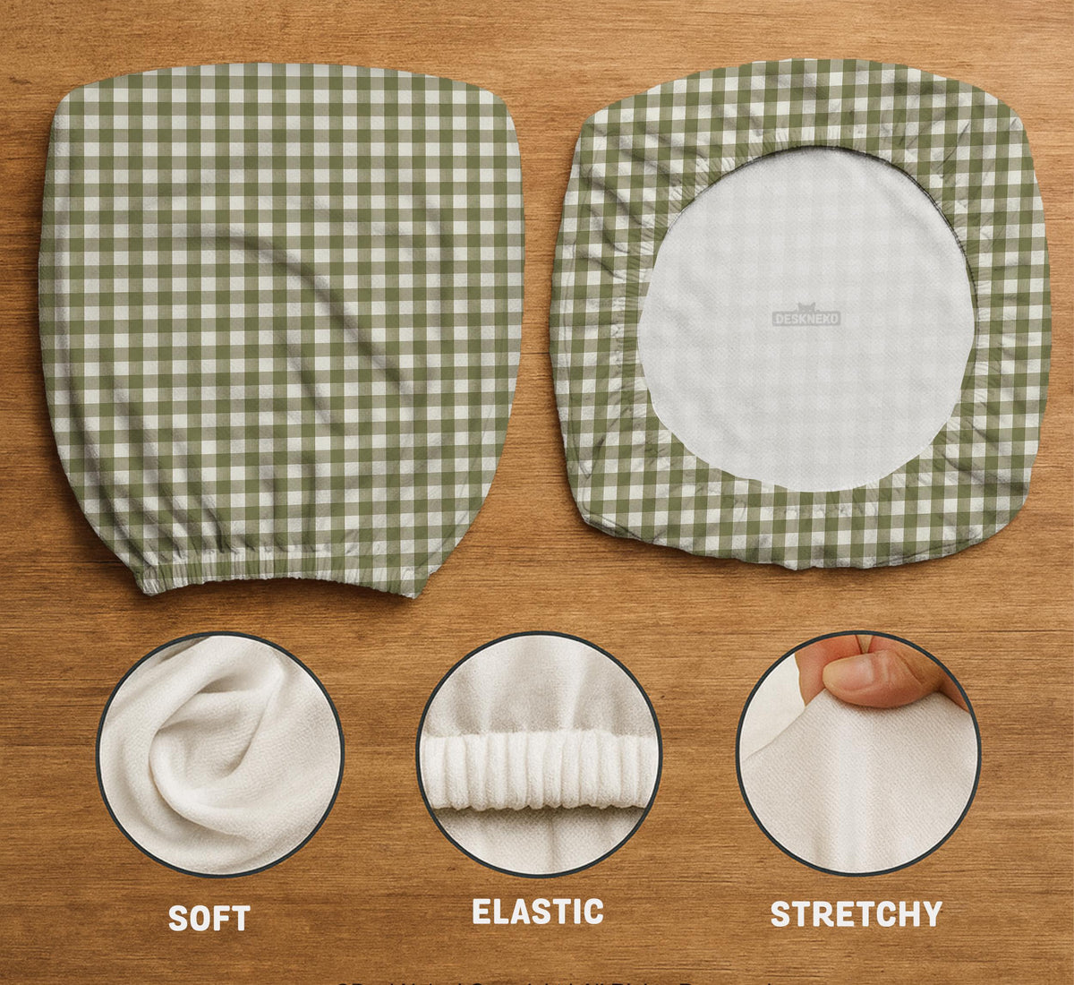 Olive green and white check desk chair cover shown on a chair, with stretch fabric, armrest cover options, and multiple fit choices listed.