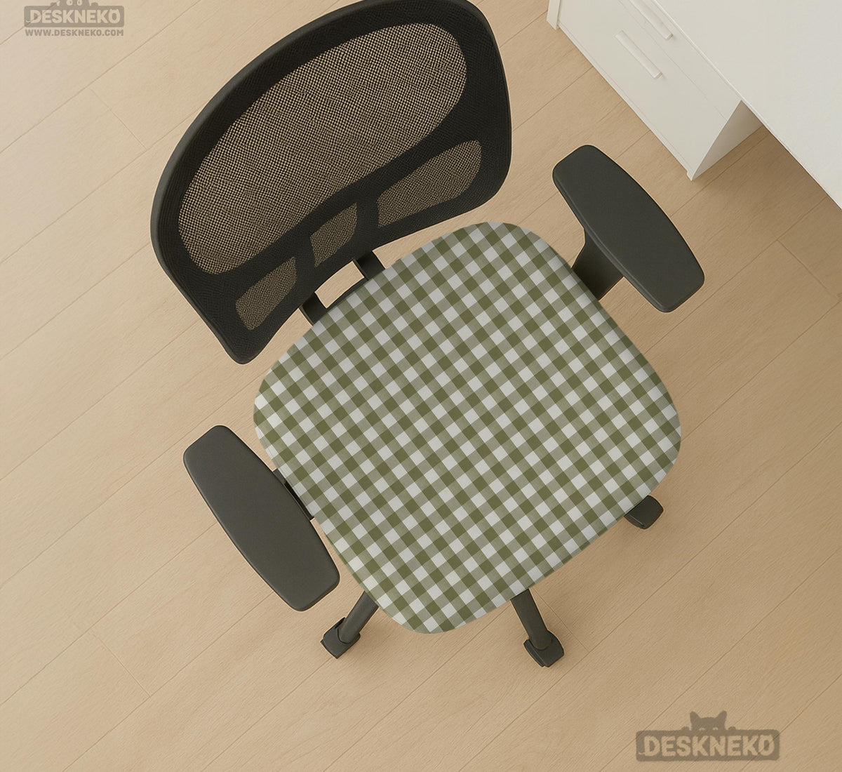 Olive green and white check desk chair cover shown on a chair, with stretch fabric, armrest cover options, and multiple fit choices listed.
