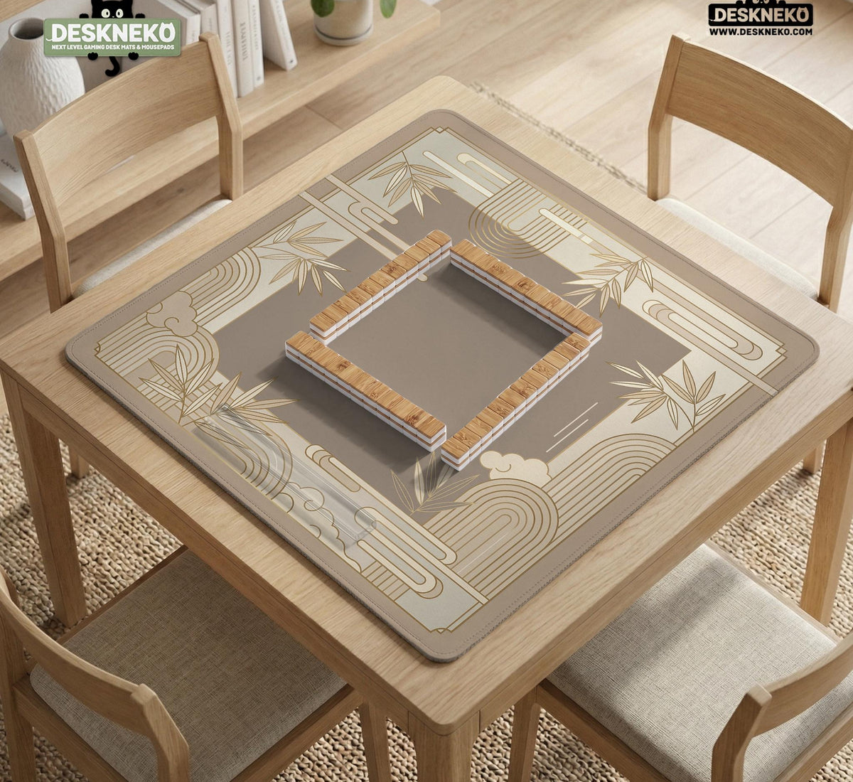 Beige and gold square mahjong mat with a bamboo pattern and geometric border.