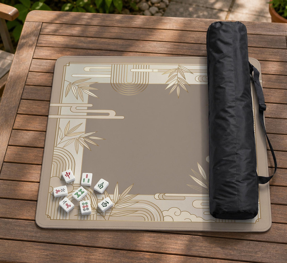 Beige and gold square mahjong mat with a bamboo pattern and geometric border.