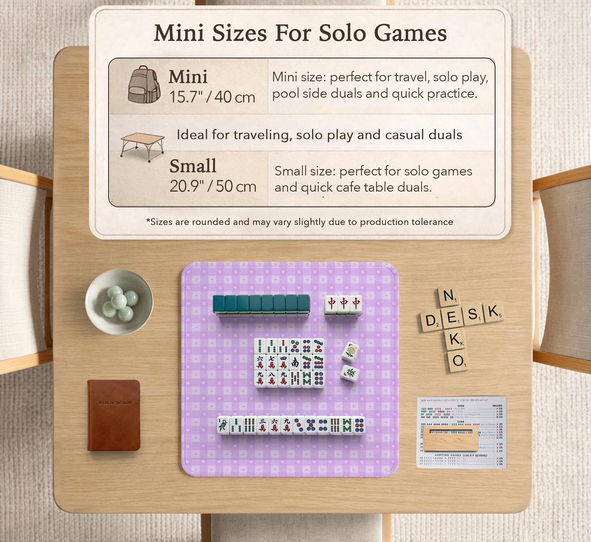 Lavender gingham mahjong mat with a scalloped edge and a pastel check pattern.