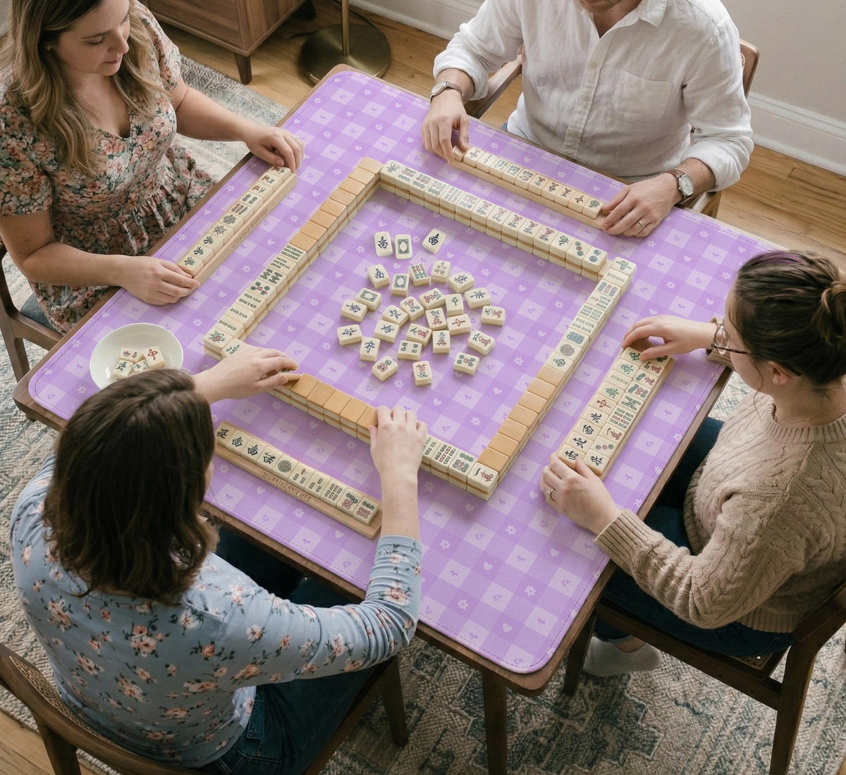 Lavender gingham mahjong mat with a scalloped edge and a pastel check pattern.