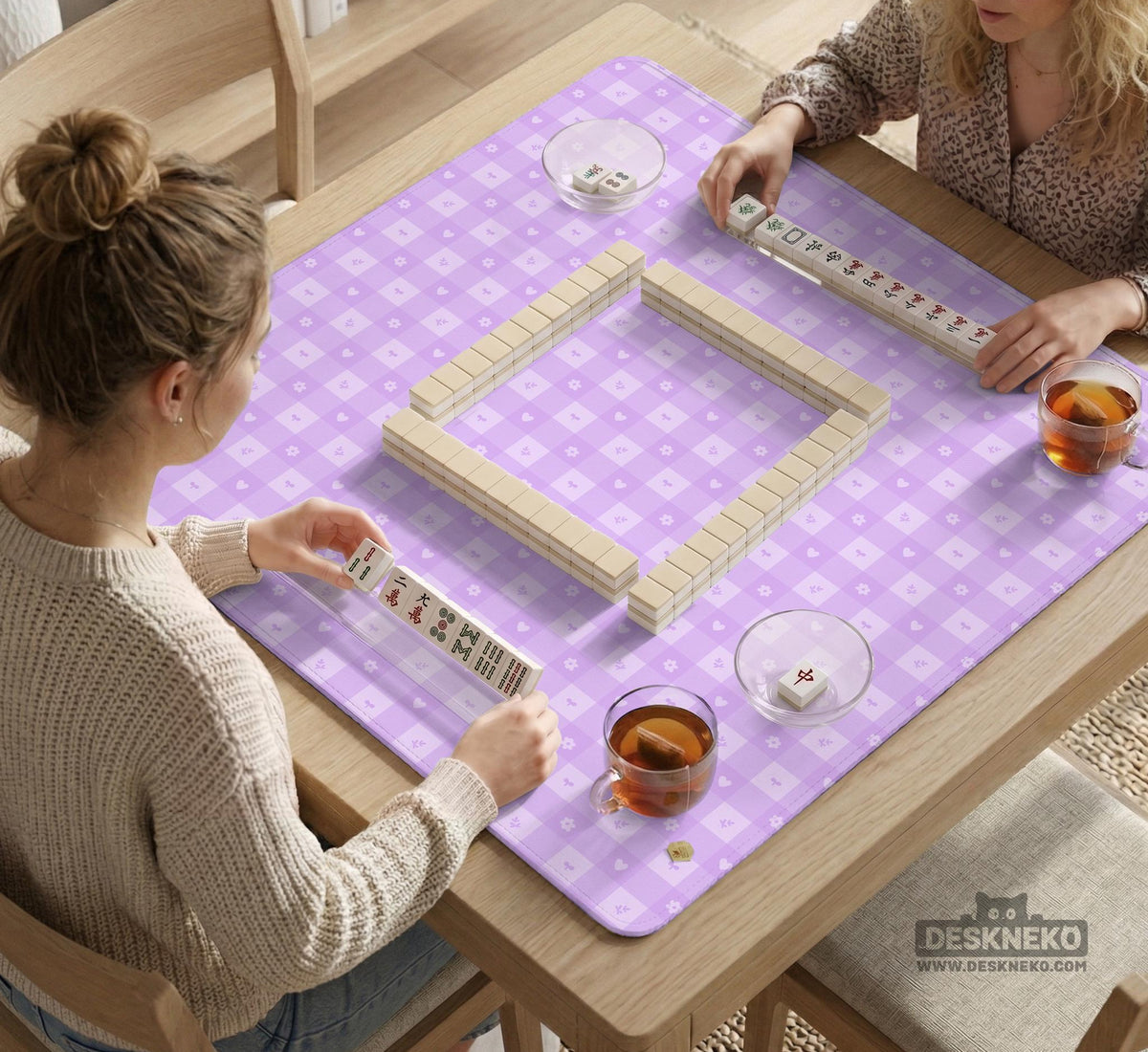 Lavender gingham mahjong mat with a scalloped edge and a pastel check pattern.