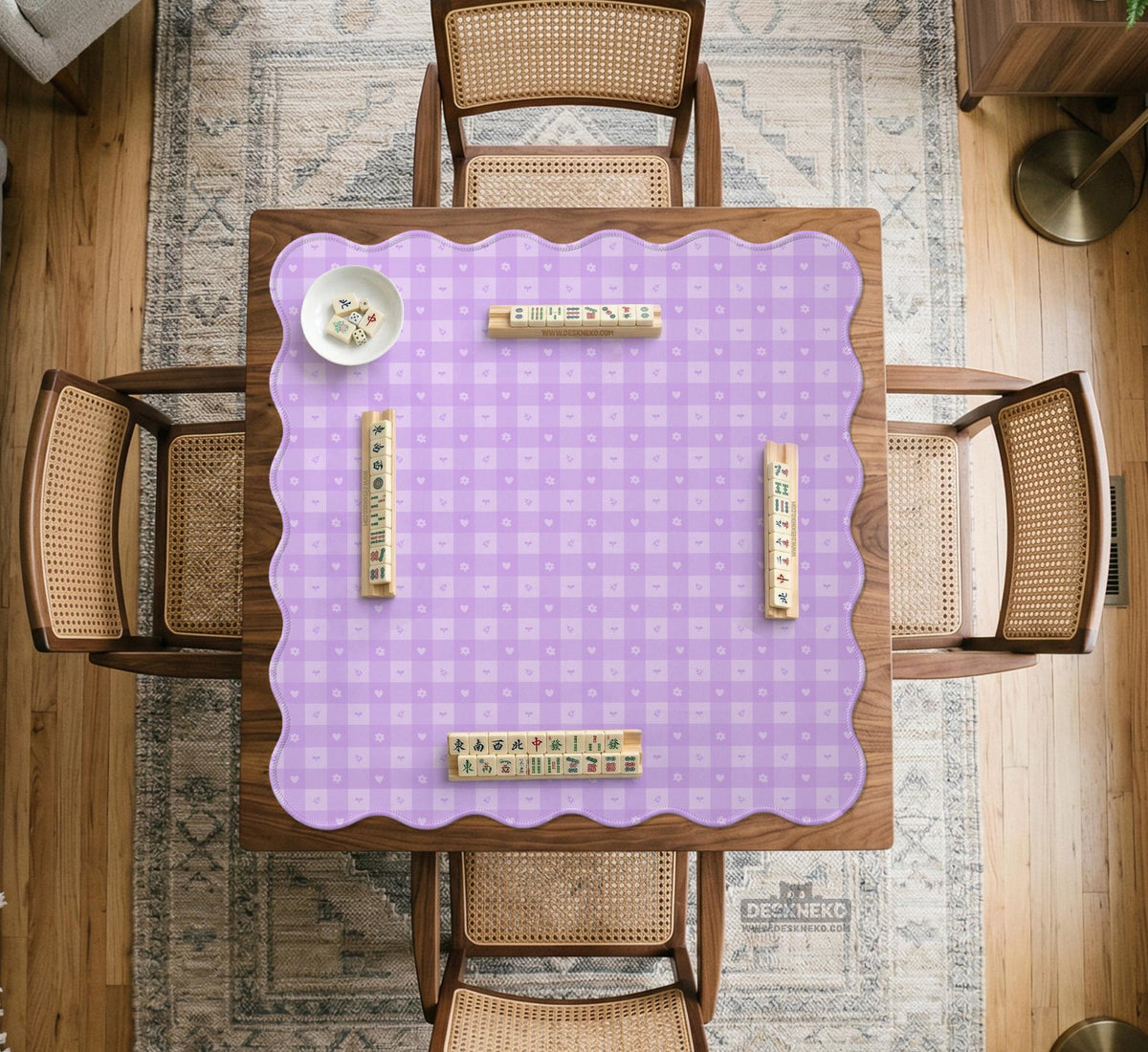 Lavender gingham mahjong mat with a scalloped edge and a pastel check pattern.