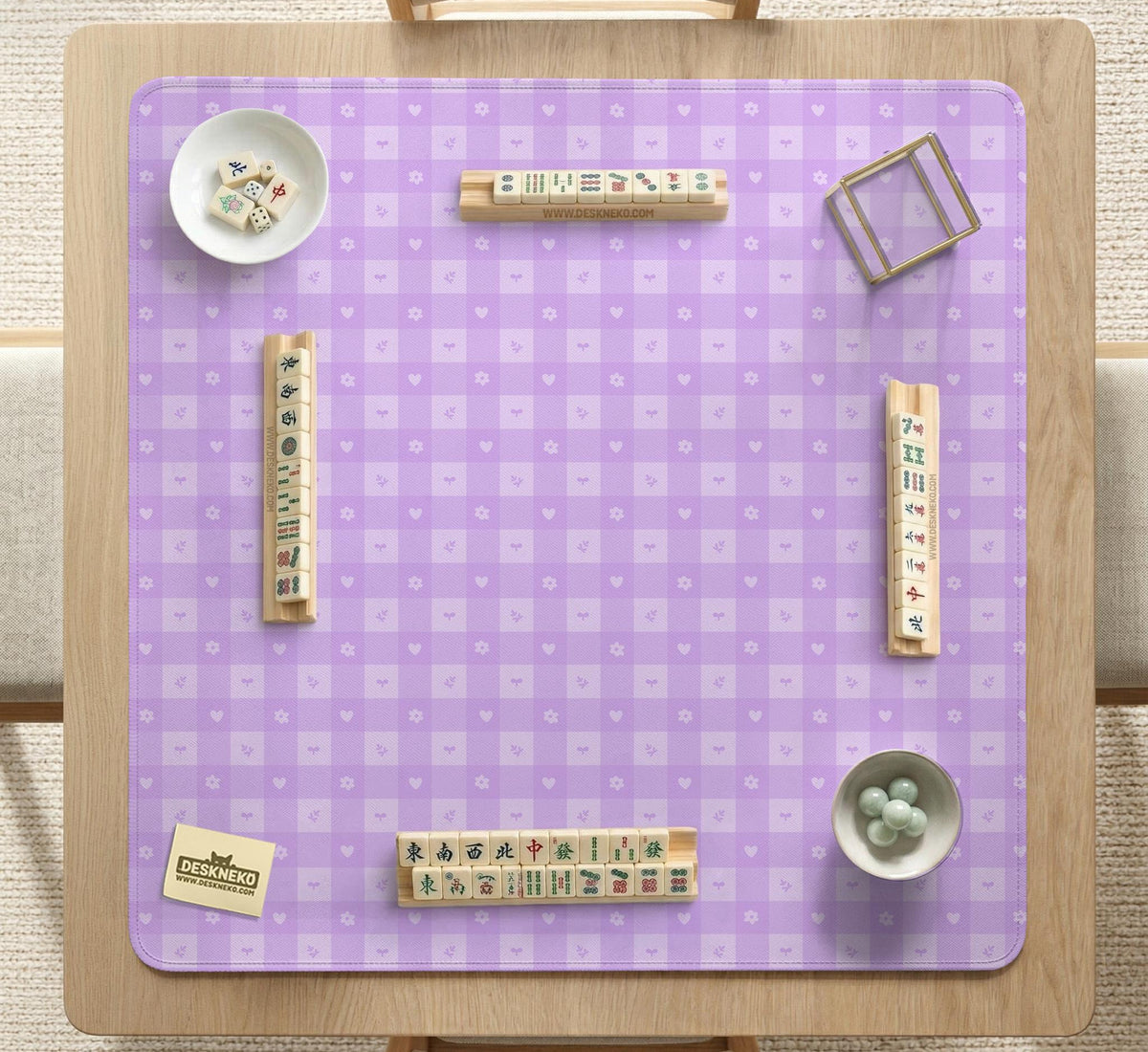 Lavender gingham mahjong mat with a scalloped edge and a pastel check pattern.