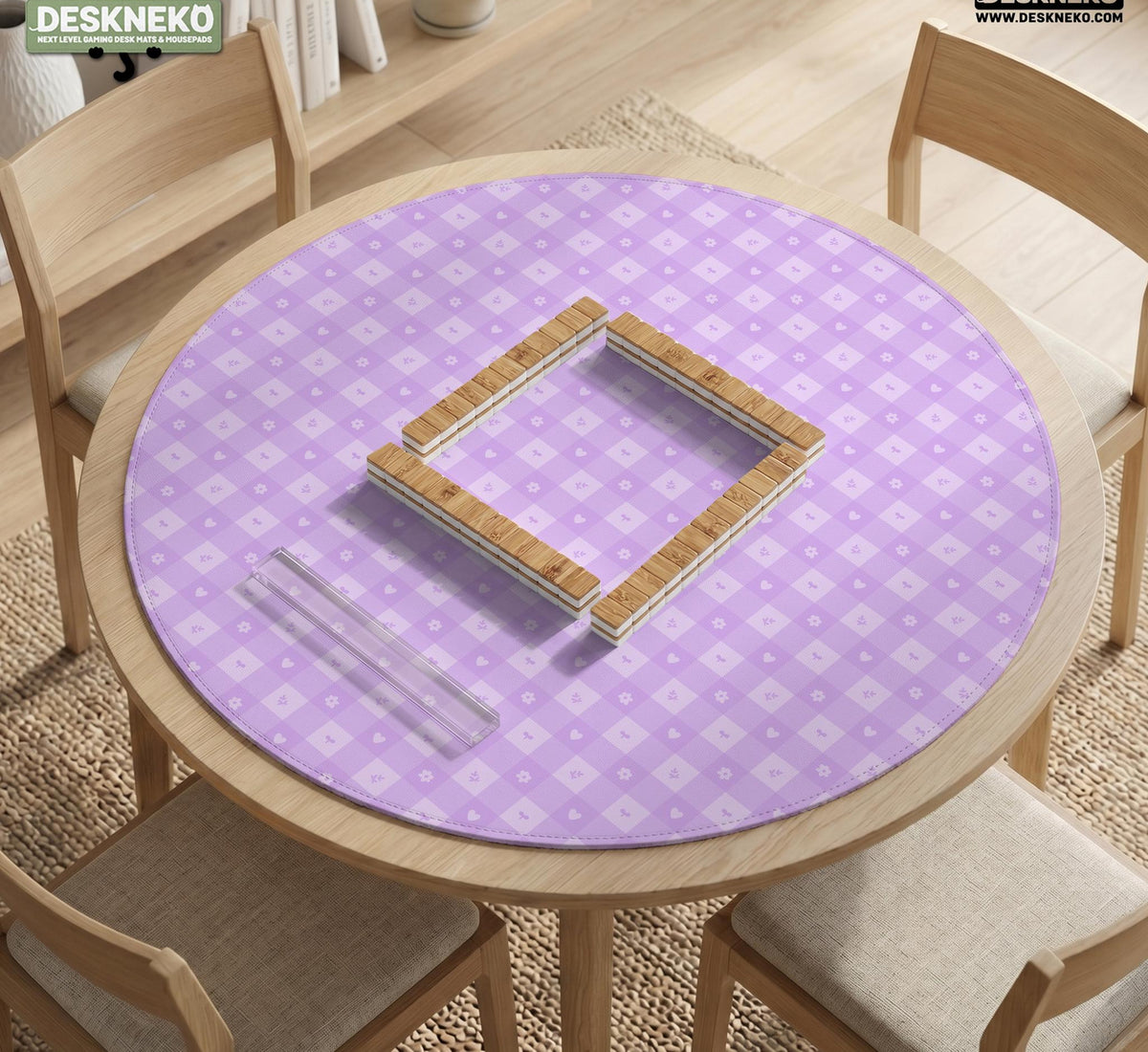 Lavender gingham mahjong mat with a scalloped edge and a pastel check pattern.