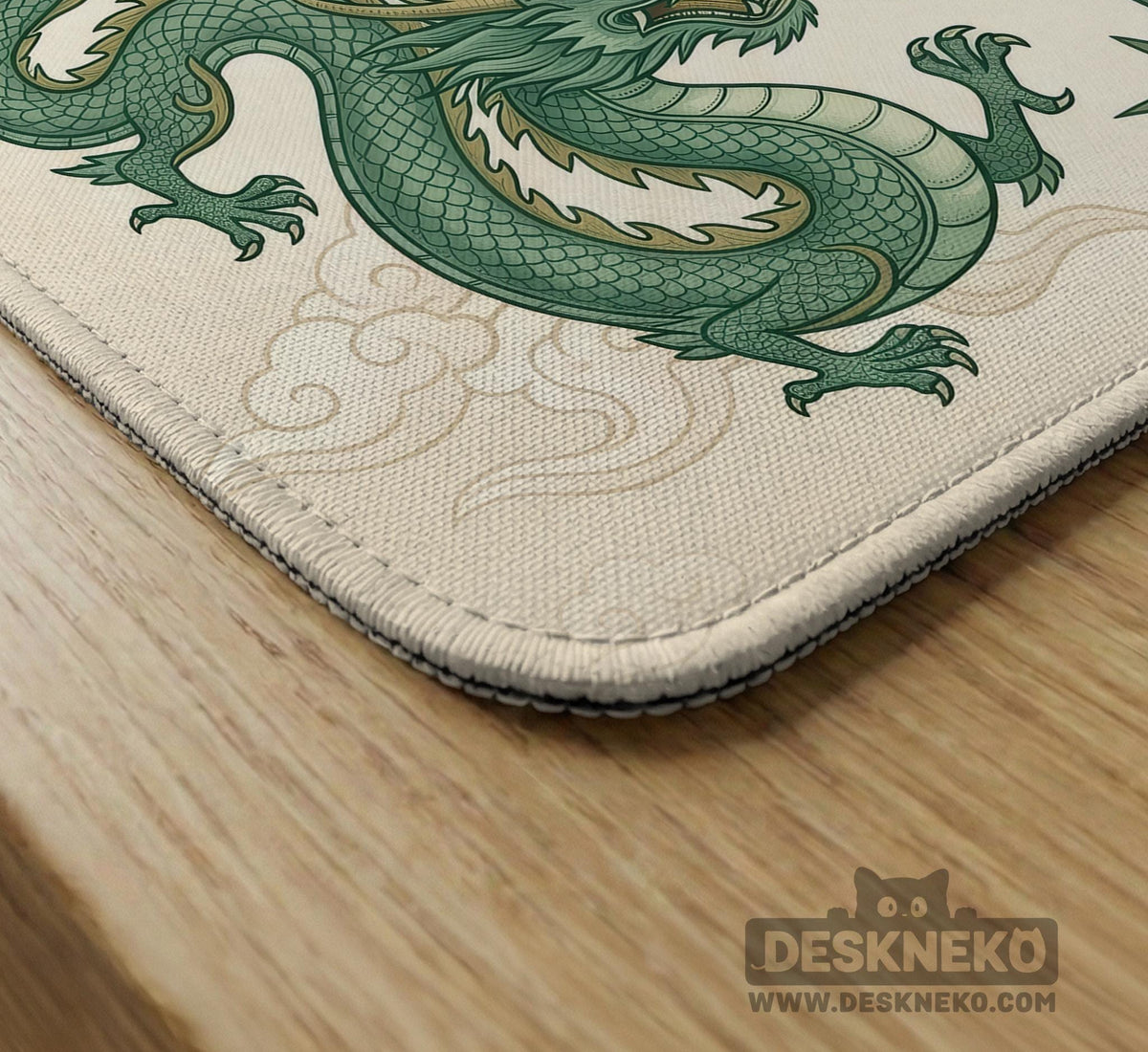 Sage green mahjong mat with a bamboo pattern, dragon design, printed rules around the edge, and a scalloped edge option.