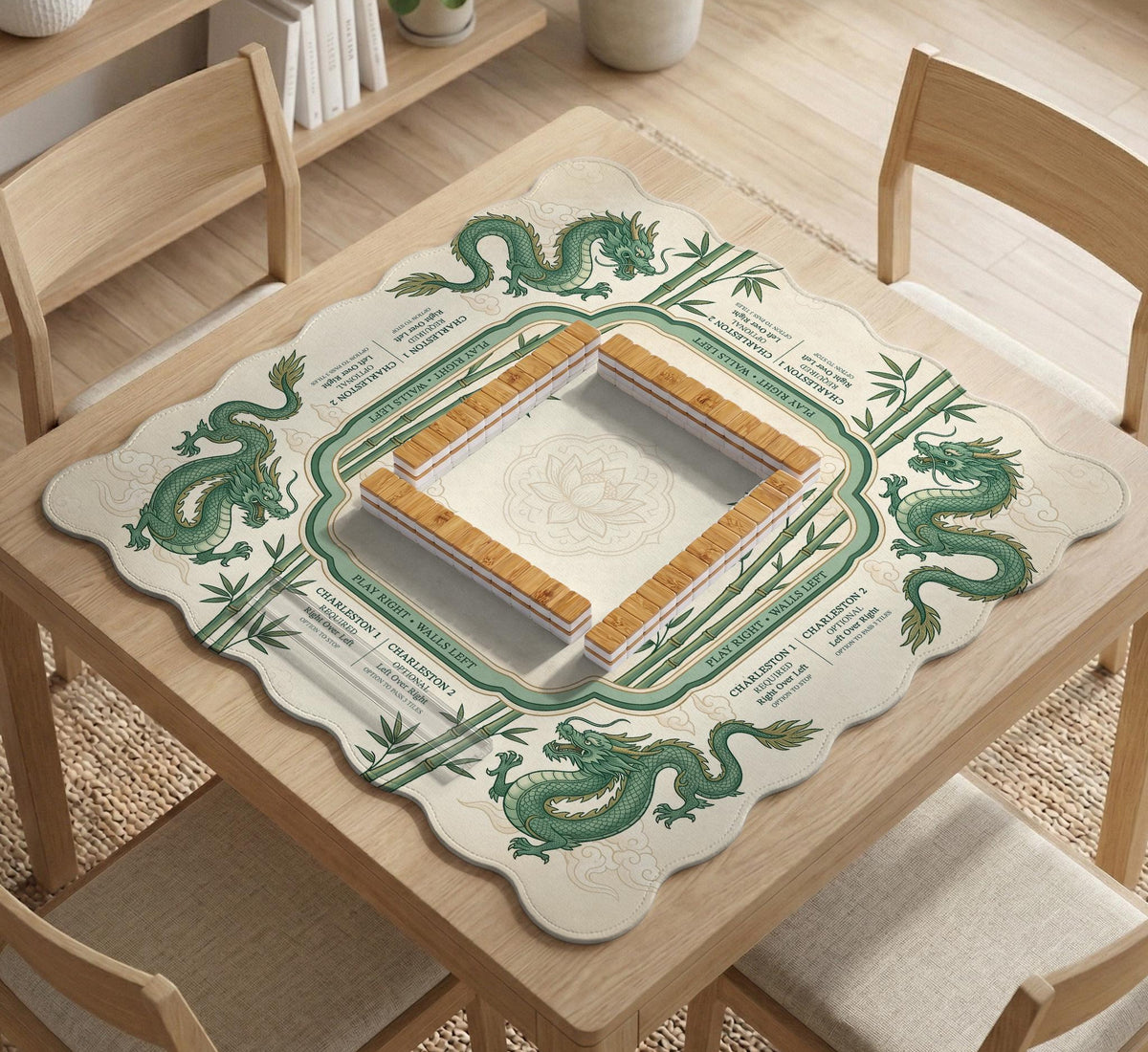 Sage green mahjong mat with a bamboo pattern, dragon design, printed rules around the edge, and a scalloped edge option.