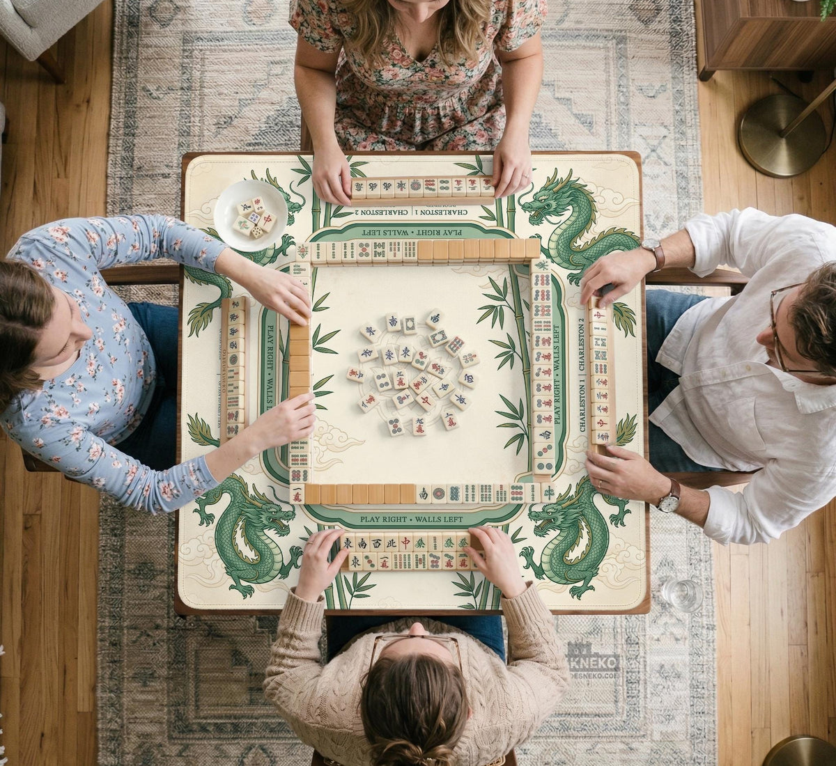 Sage green mahjong mat with a bamboo pattern, dragon design, printed rules around the edge, and a scalloped edge option.