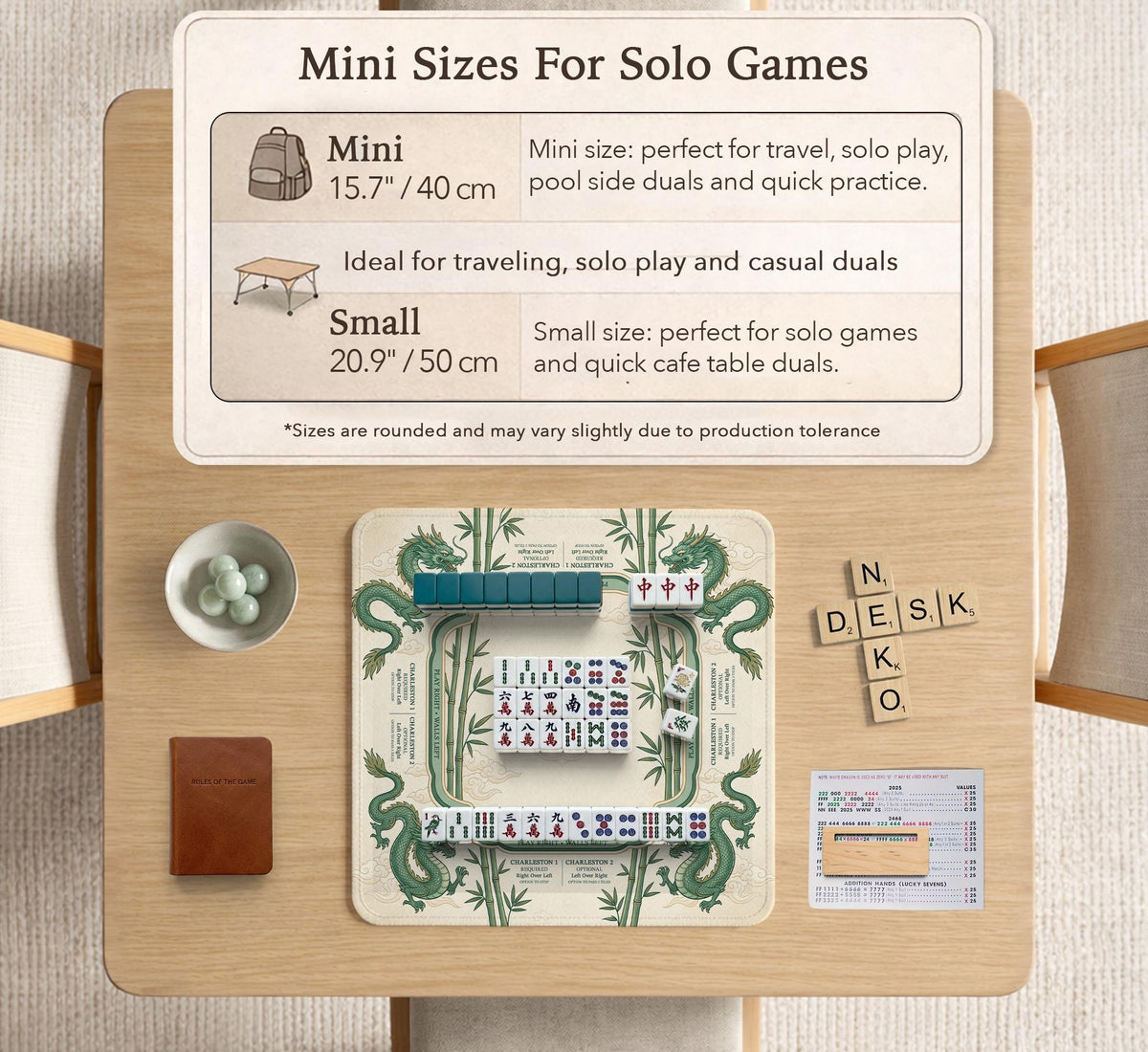 Sage green mahjong mat with a bamboo pattern, dragon design, printed rules around the edge, and a scalloped edge option.