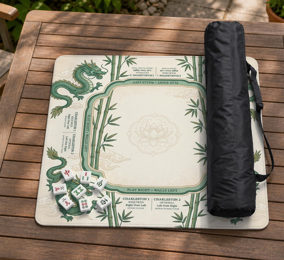 Sage green mahjong mat with a bamboo pattern, dragon design, printed rules around the edge, and a scalloped edge option.