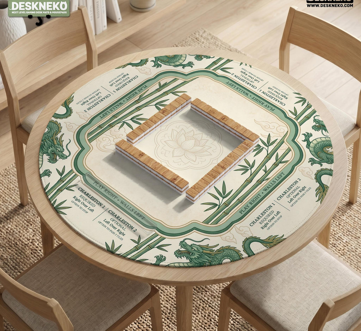 Sage green mahjong mat with a bamboo pattern, dragon design, printed rules around the edge, and a scalloped edge option.