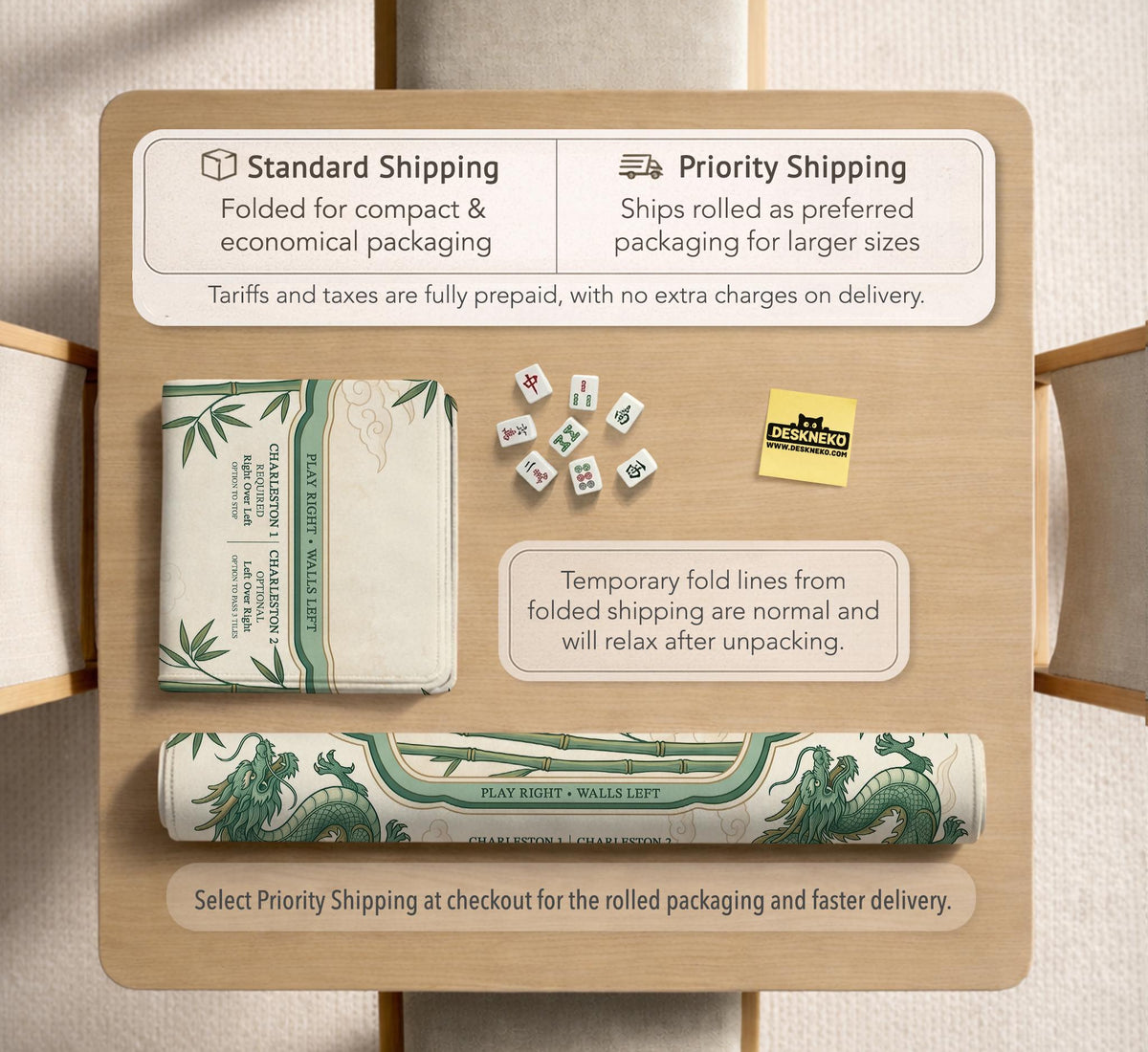 Sage green mahjong mat with a bamboo pattern, dragon design, printed rules around the edge, and a scalloped edge option.