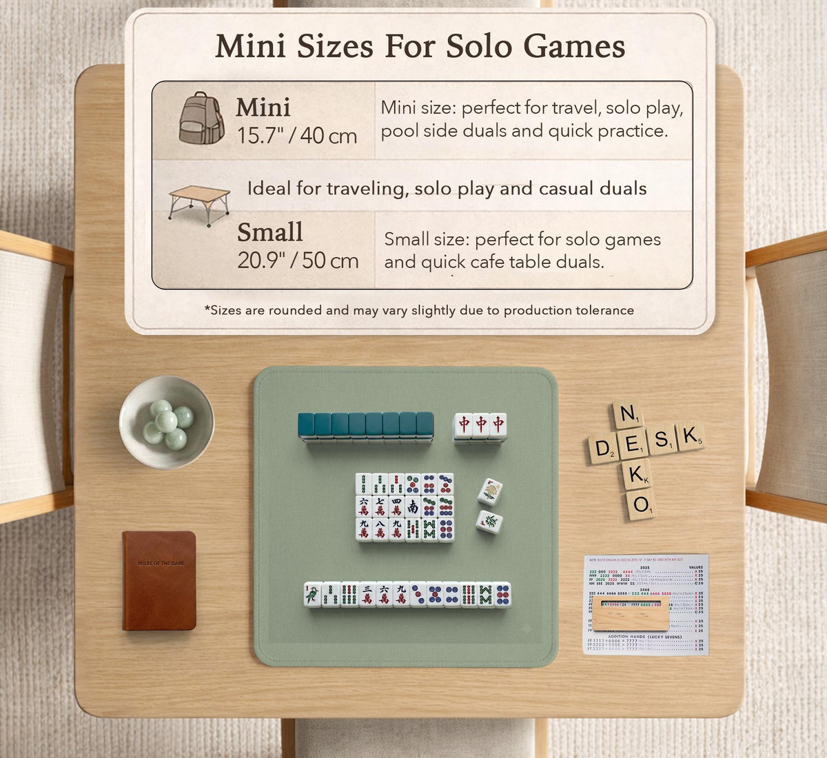 A square sage green mahjong mat with scalloped edges on a plain background.