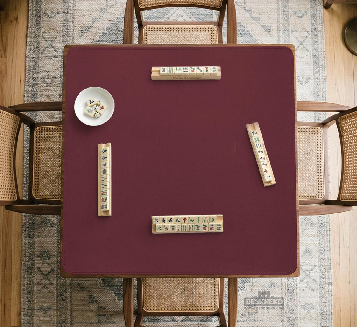 Plain burgundy square mahjong mat with scalloped edges on a white background.