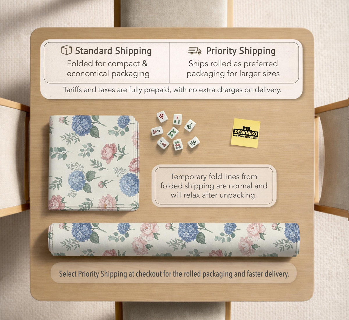 Pink floral mahjong table mat with peonies, blue hydrangeas, sage green leaves, and an ivory background.