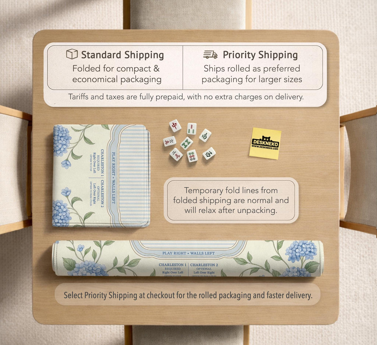 A square mahjong mat with blue hydrangea flowers, green vines, a cream background, a striped center, and printed rules around the border.