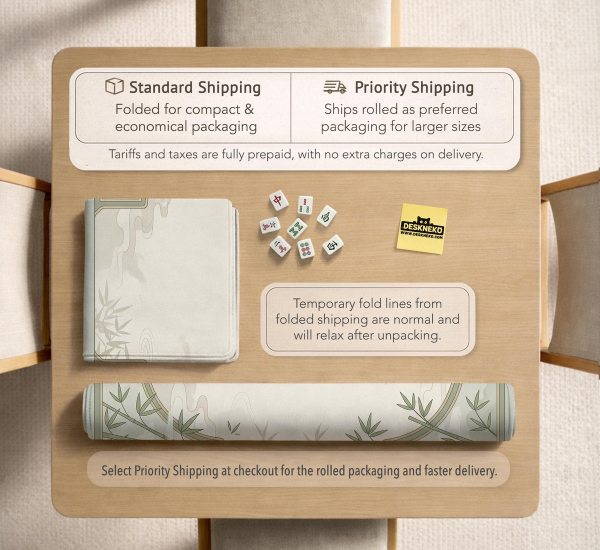 Square mahjong table mat with a pale cream center and green bamboo chinoiserie corners and border.