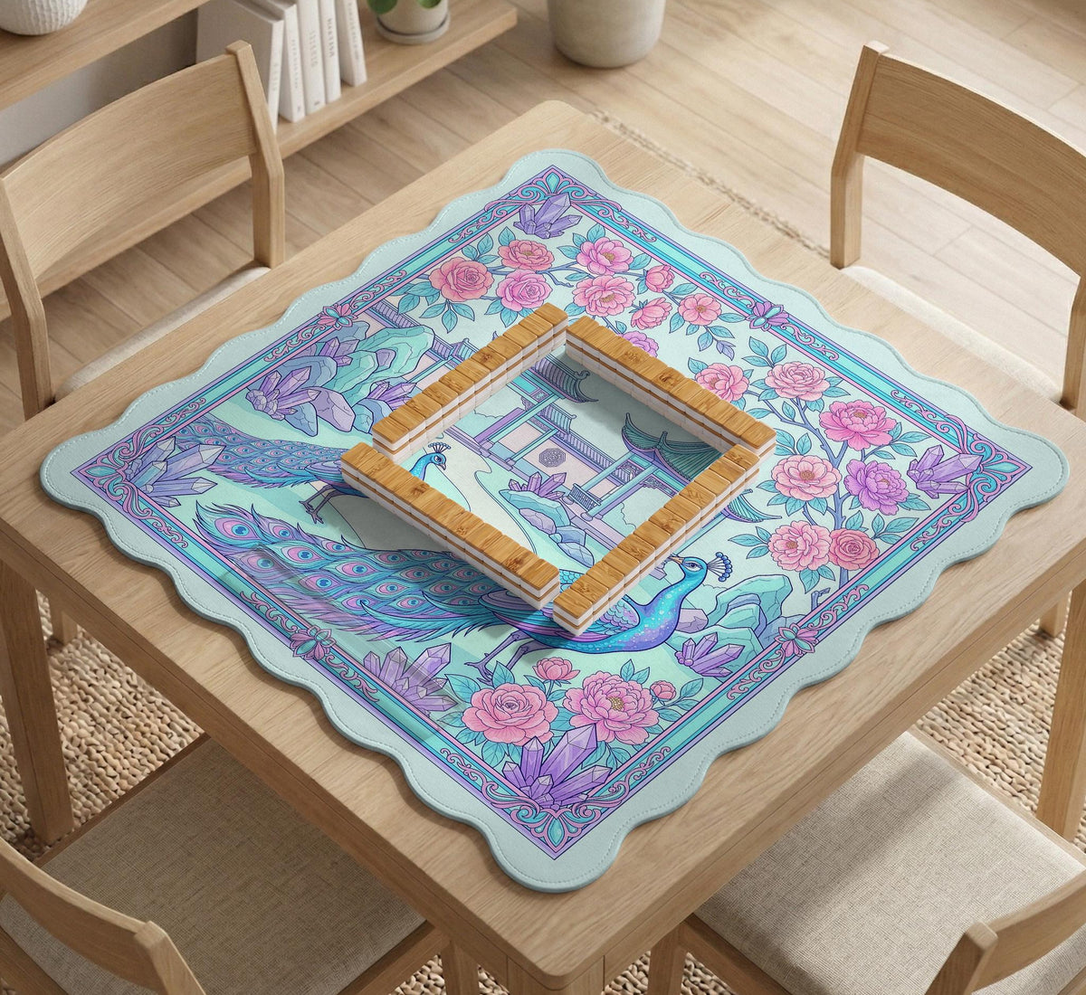 Pastel aqua mahjong table mat with peacock birds, pink flowers, pavilion details, and ornate floral linework.