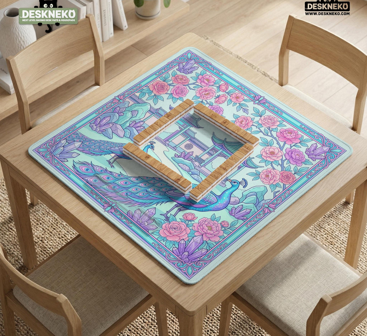 Pastel aqua mahjong table mat with peacock birds, pink flowers, pavilion details, and ornate floral linework.