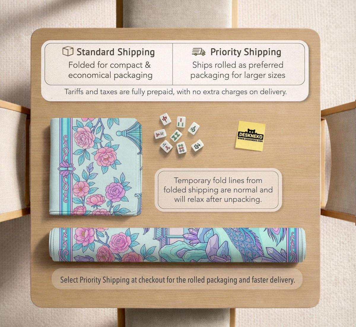 Pastel aqua mahjong table mat with peacock birds, pink flowers, pavilion details, and ornate floral linework.