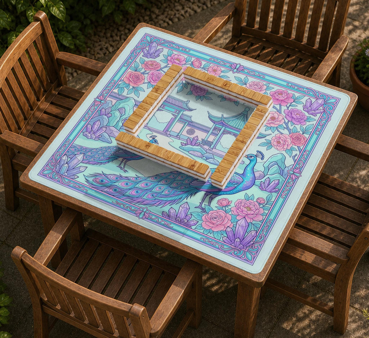 Pastel aqua mahjong table mat with peacock birds, pink flowers, pavilion details, and ornate floral linework.