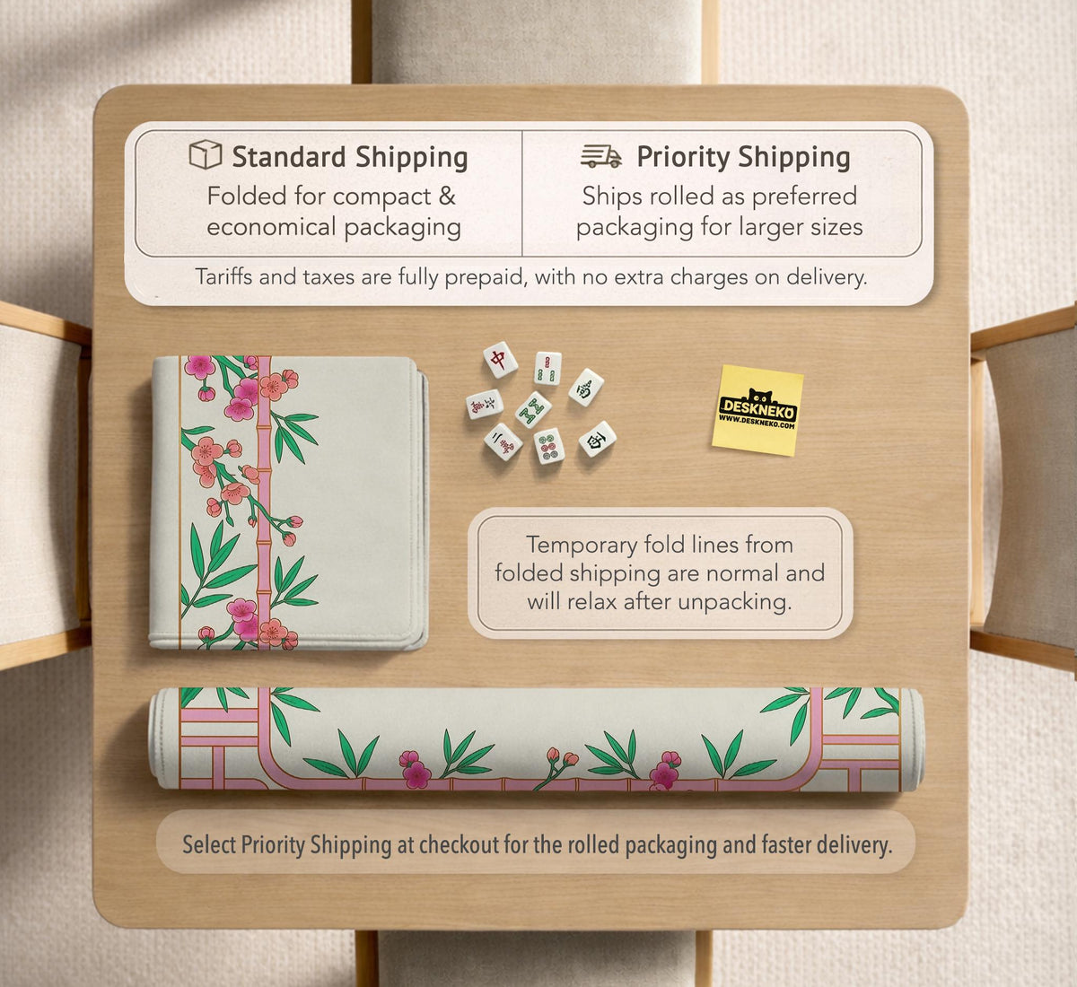 Pink cherry blossom floral mahjong table mat with a cream center and bamboo-style border design.