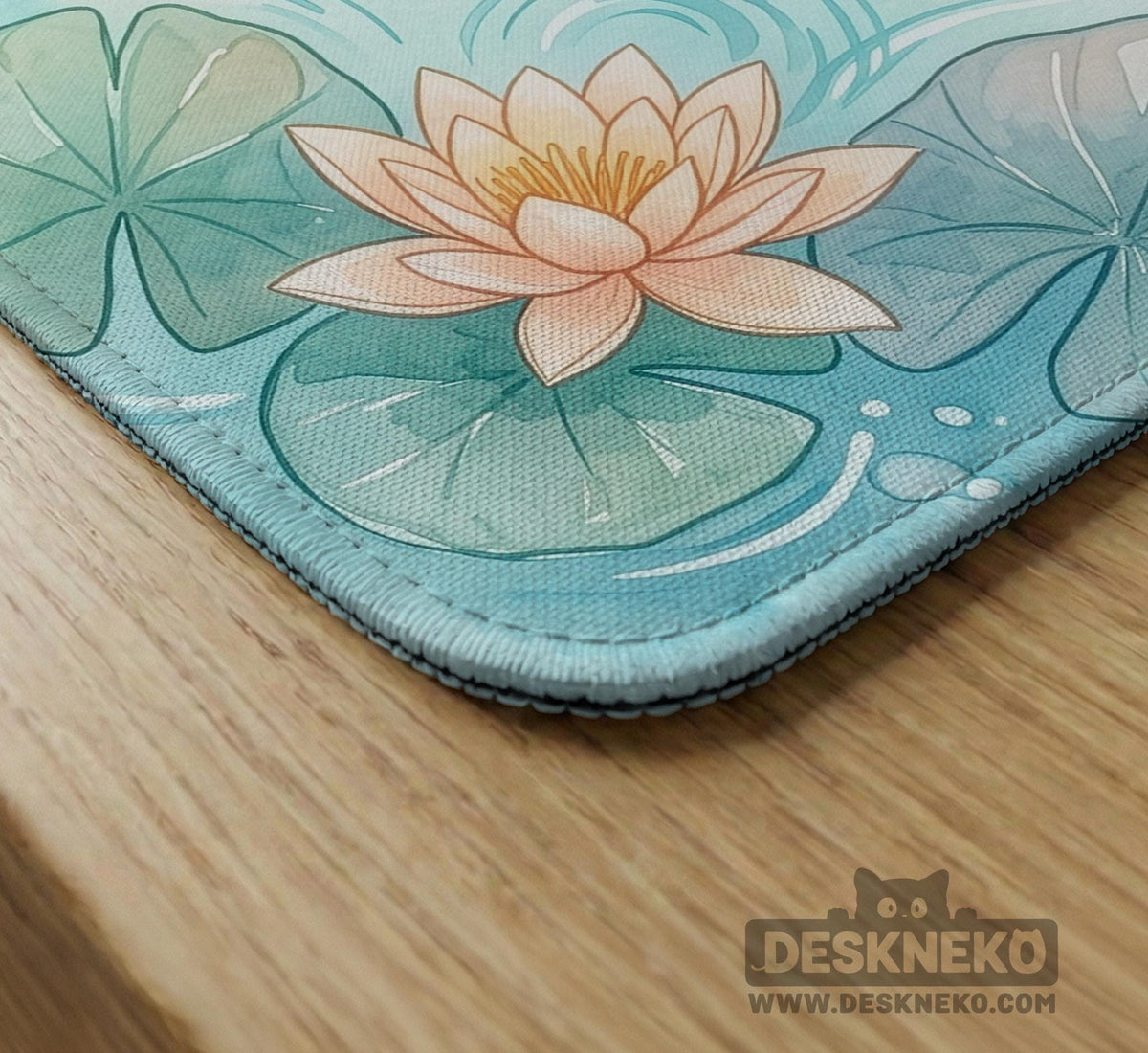 Pastel aqua square mahjong mat with orange koi fish, lotus flowers, lily pads, and flowing water lines.