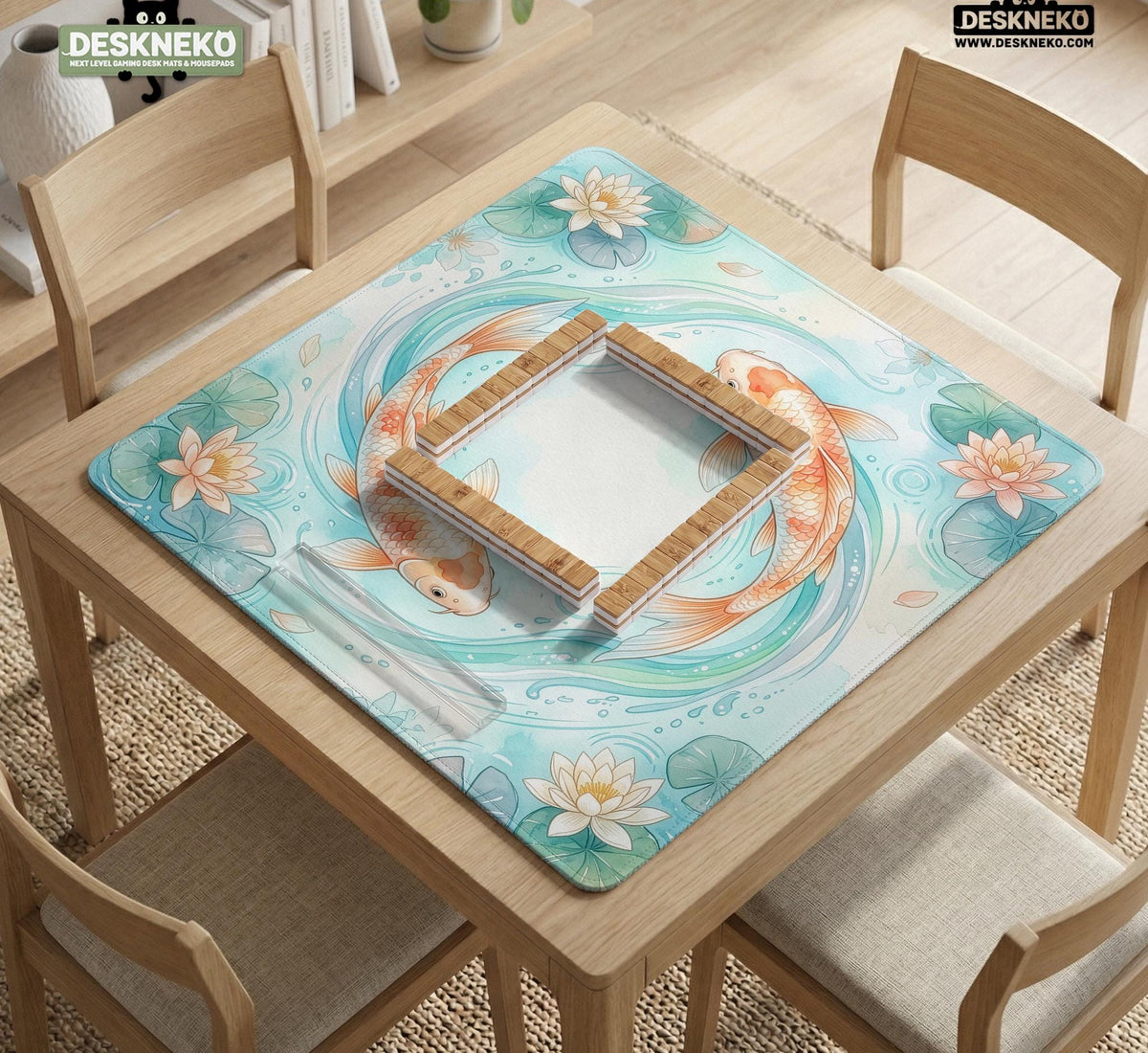 Pastel aqua square mahjong mat with orange koi fish, lotus flowers, lily pads, and flowing water lines.