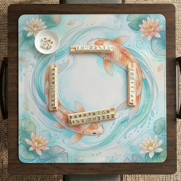 Pastel aqua square mahjong mat with orange koi fish, lotus flowers, lily pads, and flowing water lines.