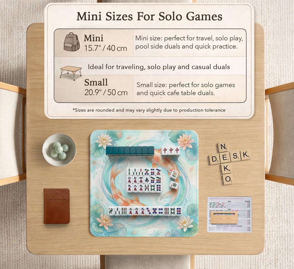 Pastel aqua square mahjong mat with orange koi fish, lotus flowers, lily pads, and flowing water lines.