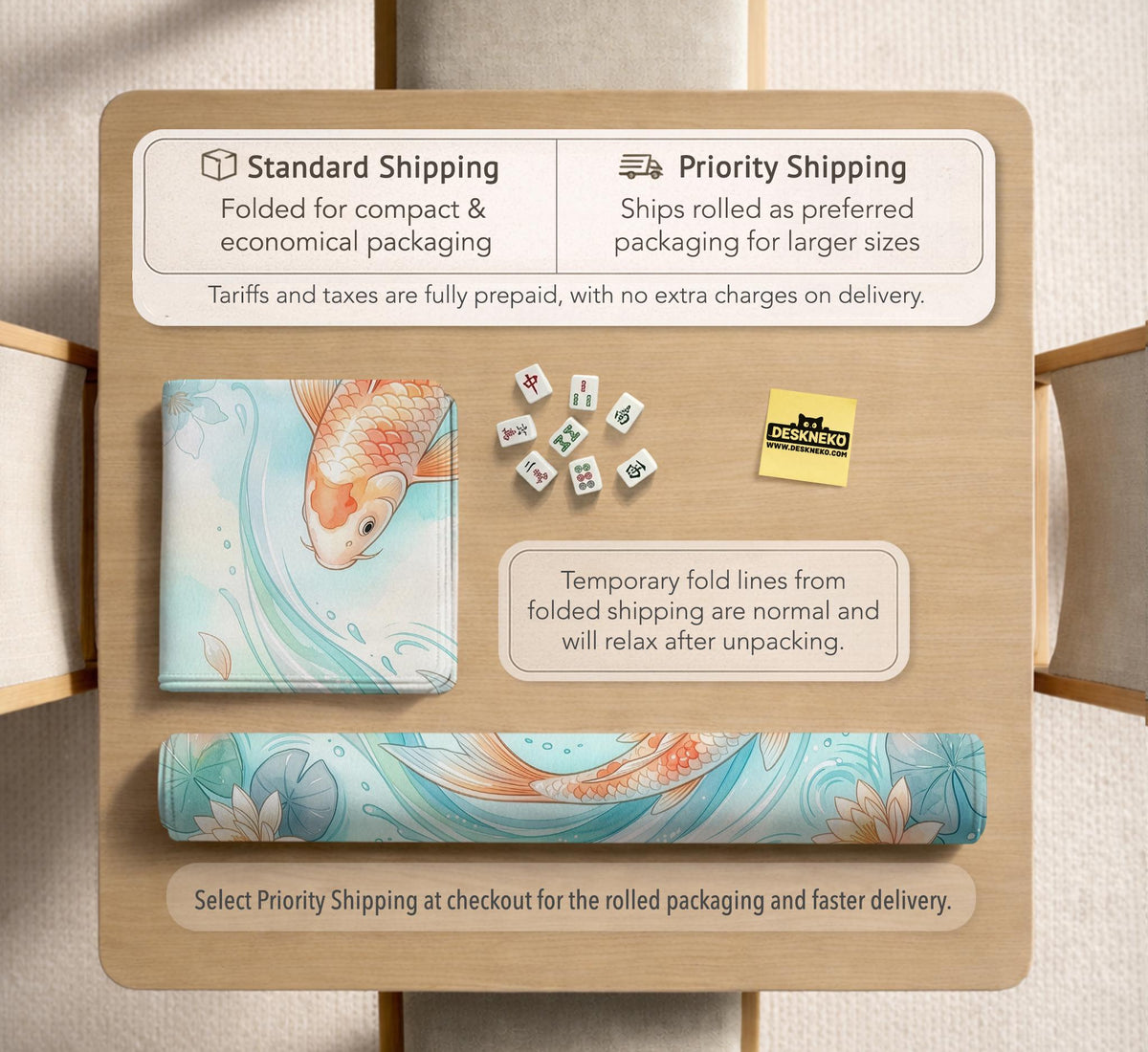 Pastel aqua square mahjong mat with orange koi fish, lotus flowers, lily pads, and flowing water lines.