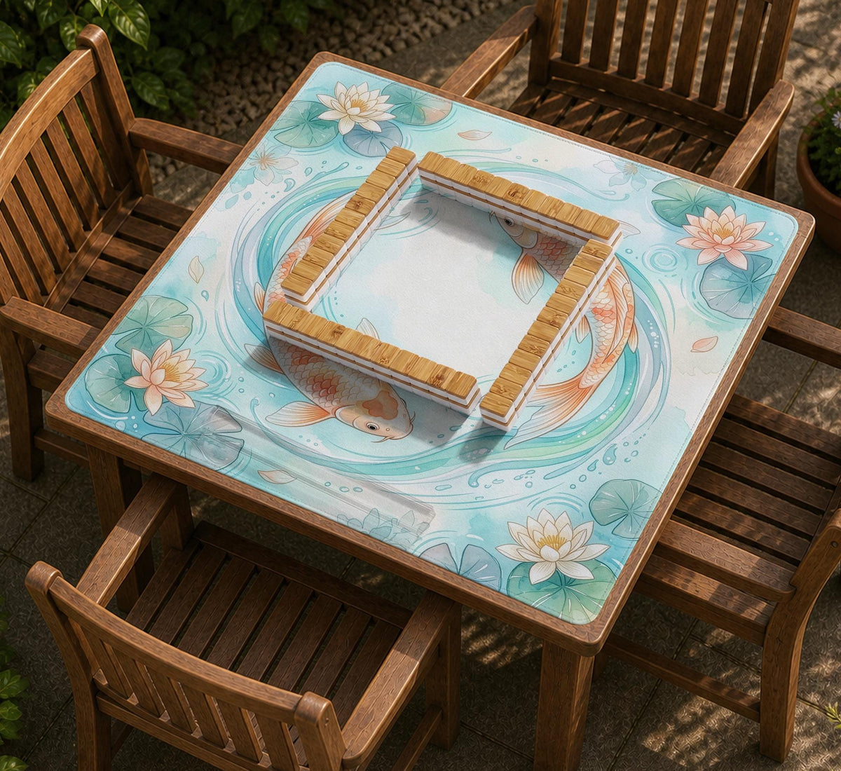 Pastel aqua square mahjong mat with orange koi fish, lotus flowers, lily pads, and flowing water lines.