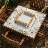 Sage green scalloped mahjong mat with bamboo, crane, and blossom illustration and printed rules around the border.