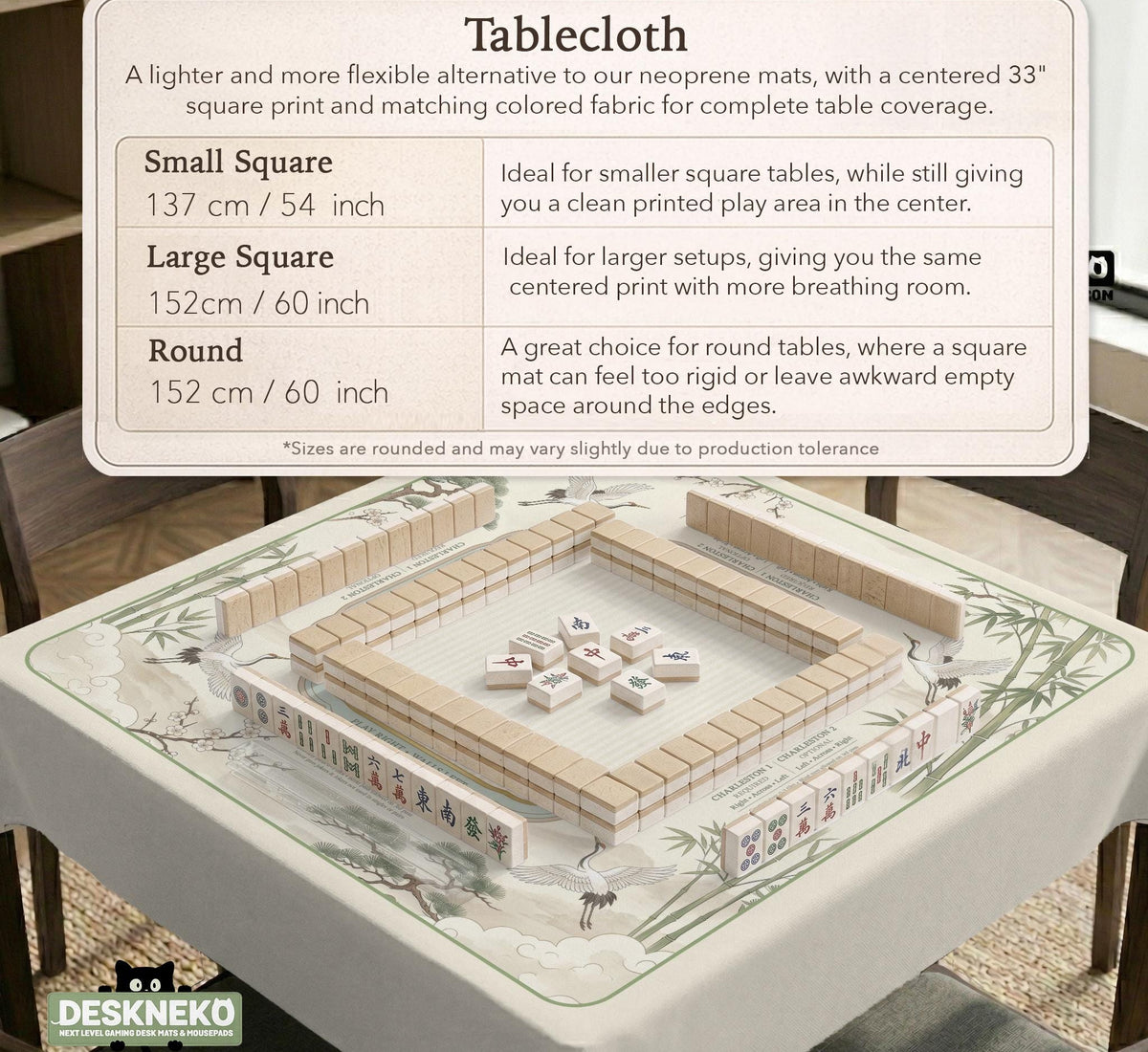 Sage green scalloped mahjong mat with bamboo, crane, and blossom illustration and printed rules around the border.