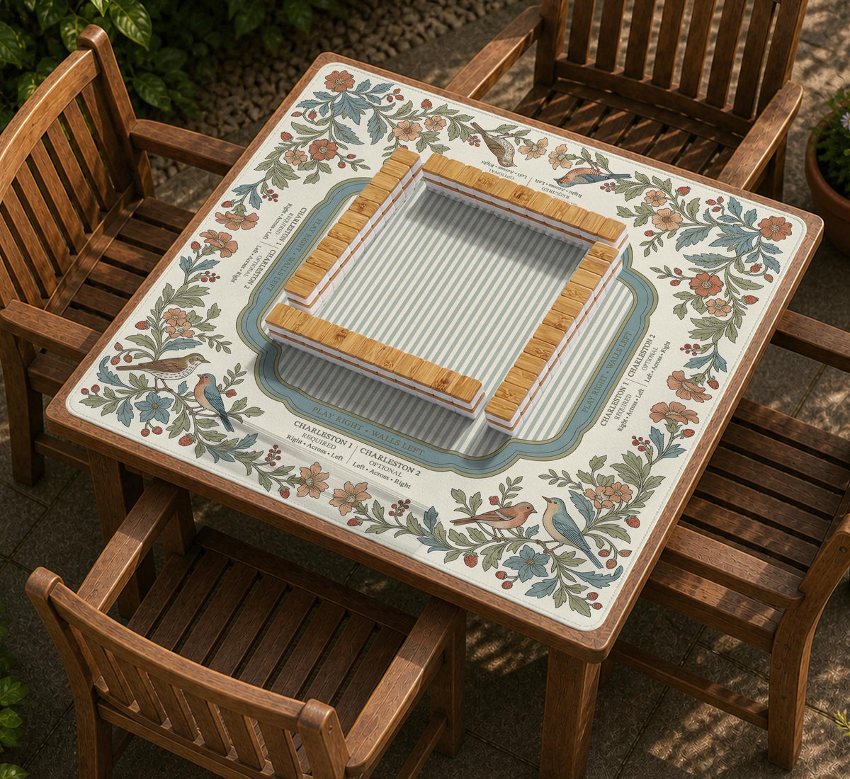 Square mahjong mat with a cream background, blue birds, sage leaves, terracotta flowers, and a decorative botanical border with printed rules text.