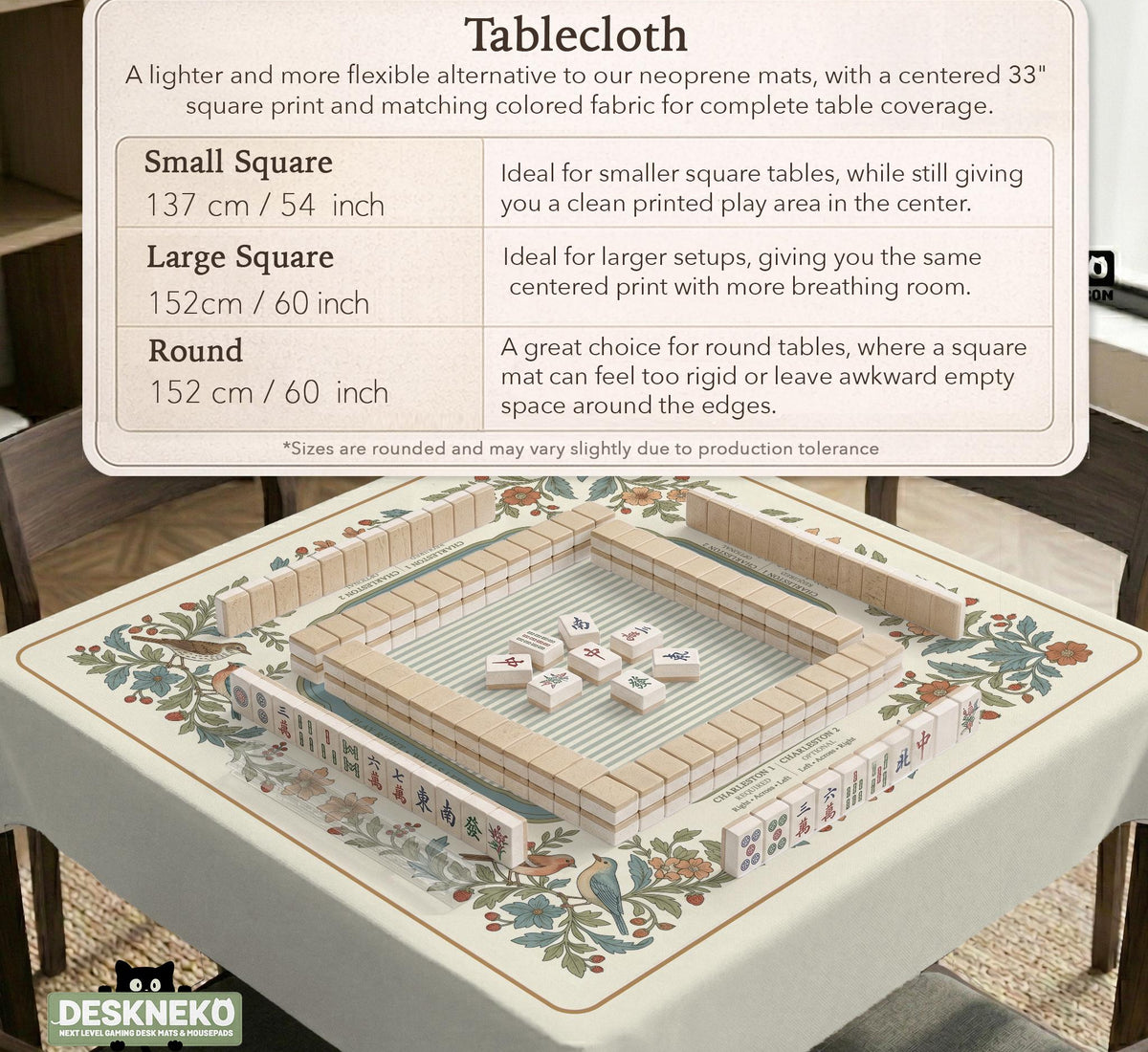 Square mahjong mat with a cream background, blue birds, sage leaves, terracotta flowers, and a decorative botanical border with printed rules text.