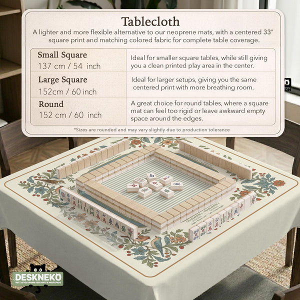 Square mahjong mat with a cream background, blue birds, sage leaves, terracotta flowers, and a decorative botanical border with printed rules text.