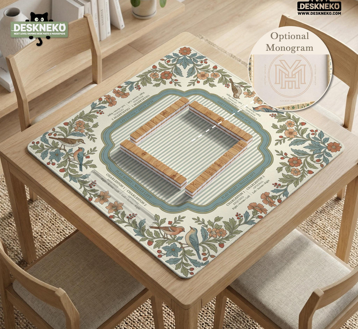 Square mahjong mat with a cream background, blue birds, sage leaves, terracotta flowers, and a decorative botanical border with printed rules text.