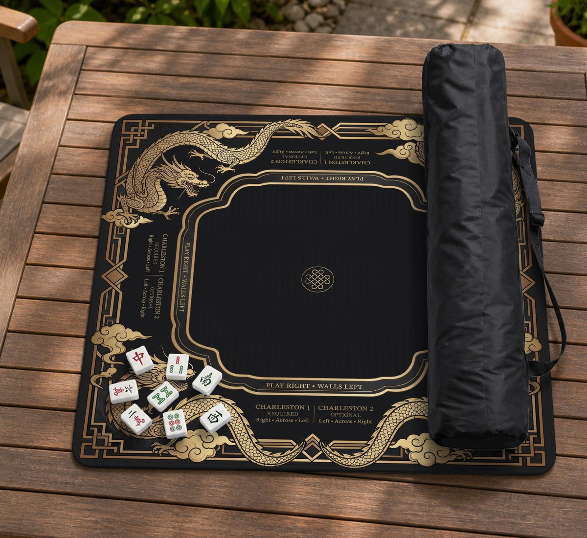 Black mahjong mat with gold dragon artwork, a scalloped edge, and printed Mahjong rules on the surface.