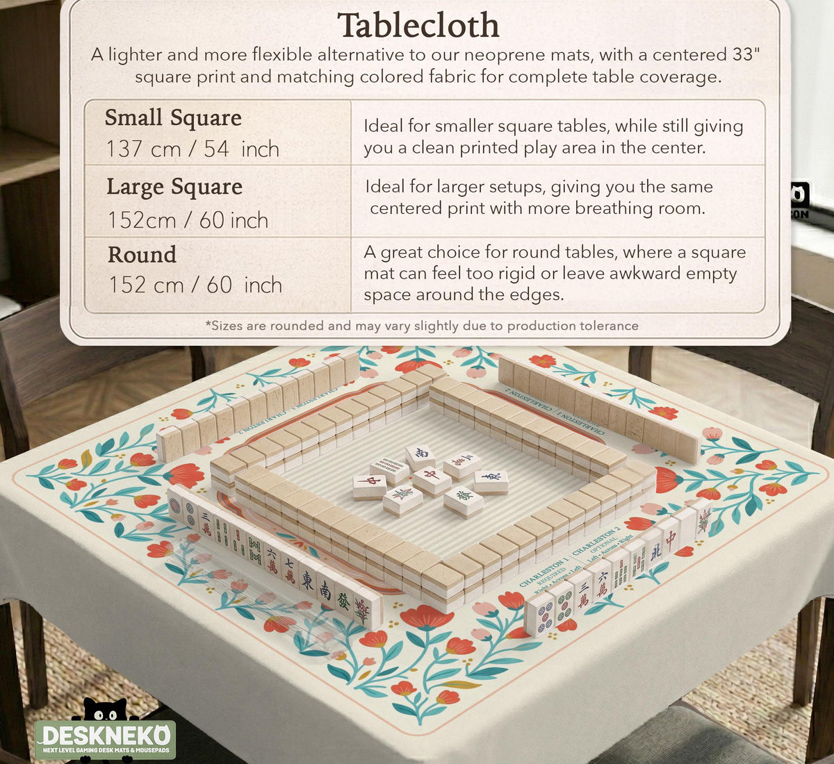 Cream mahjong mat with a coral and teal floral border, rule layout text, Charleston guide notes, and a blank center area for tile play.