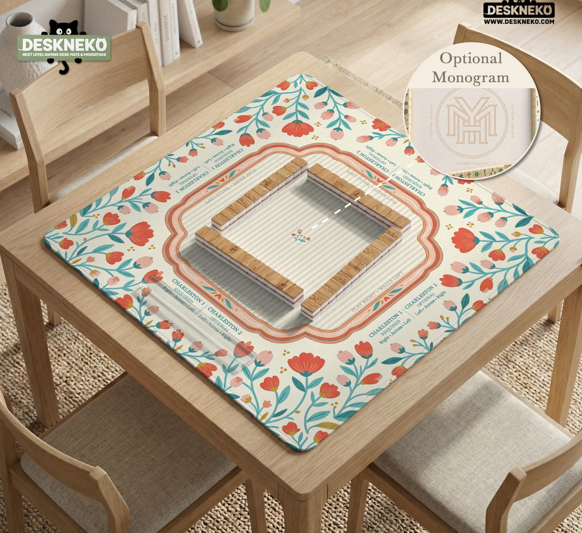 Cream mahjong mat with a coral and teal floral border, rule layout text, Charleston guide notes, and a blank center area for tile play.