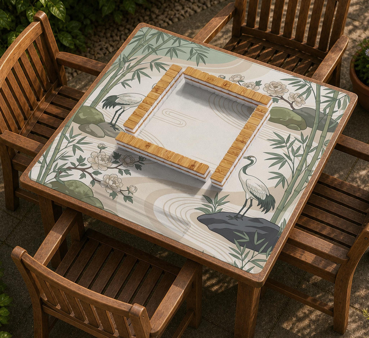 Square mahjong mat with a cream background, sage green cranes, bamboo leaves, peony branches, stones, and thin linework.