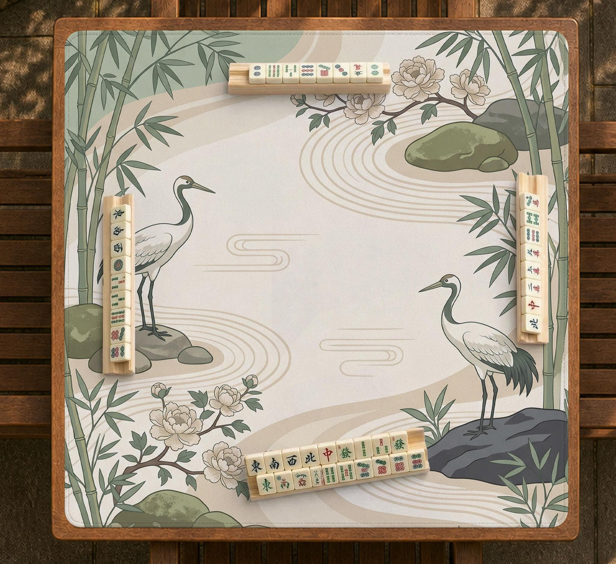 Square mahjong mat with a cream background, sage green cranes, bamboo leaves, peony branches, stones, and thin linework.